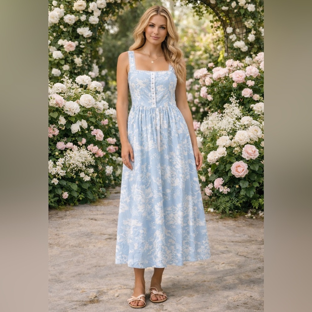 One Pretty Time Blue & White Floral Midi Dress – Size Small